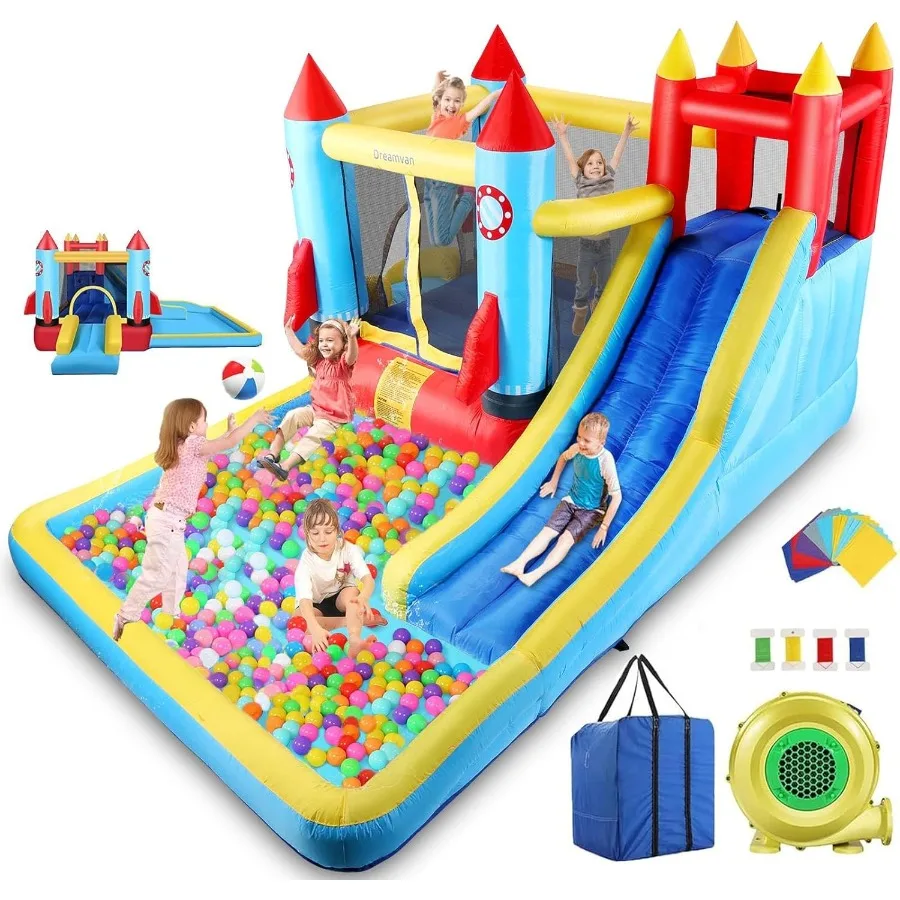 Springkasteel, opblaasbaar springkasteel met ventilator voor kinderen van 3-10, waterpark voor buiten/binnen (146" x 132" x 81")