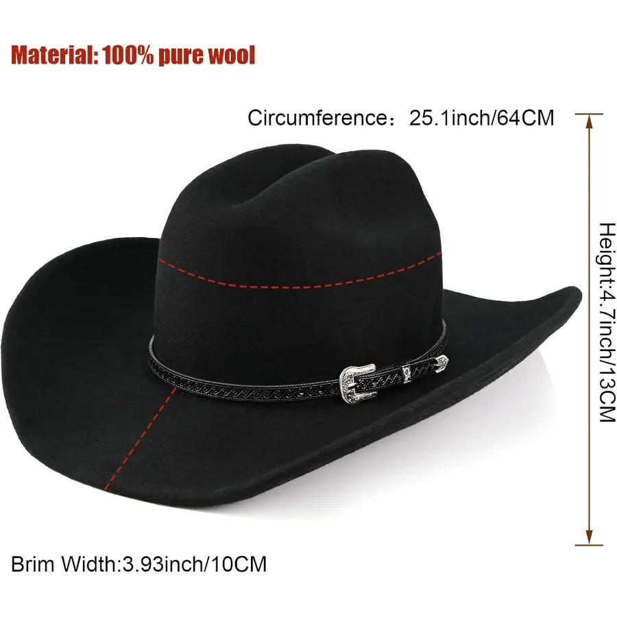 Cappello da cowboy western in 100 lana per uomo e donna: classico cappello Fedora realizzato in feltro premium con due fasce decorative, ideale per Ou
