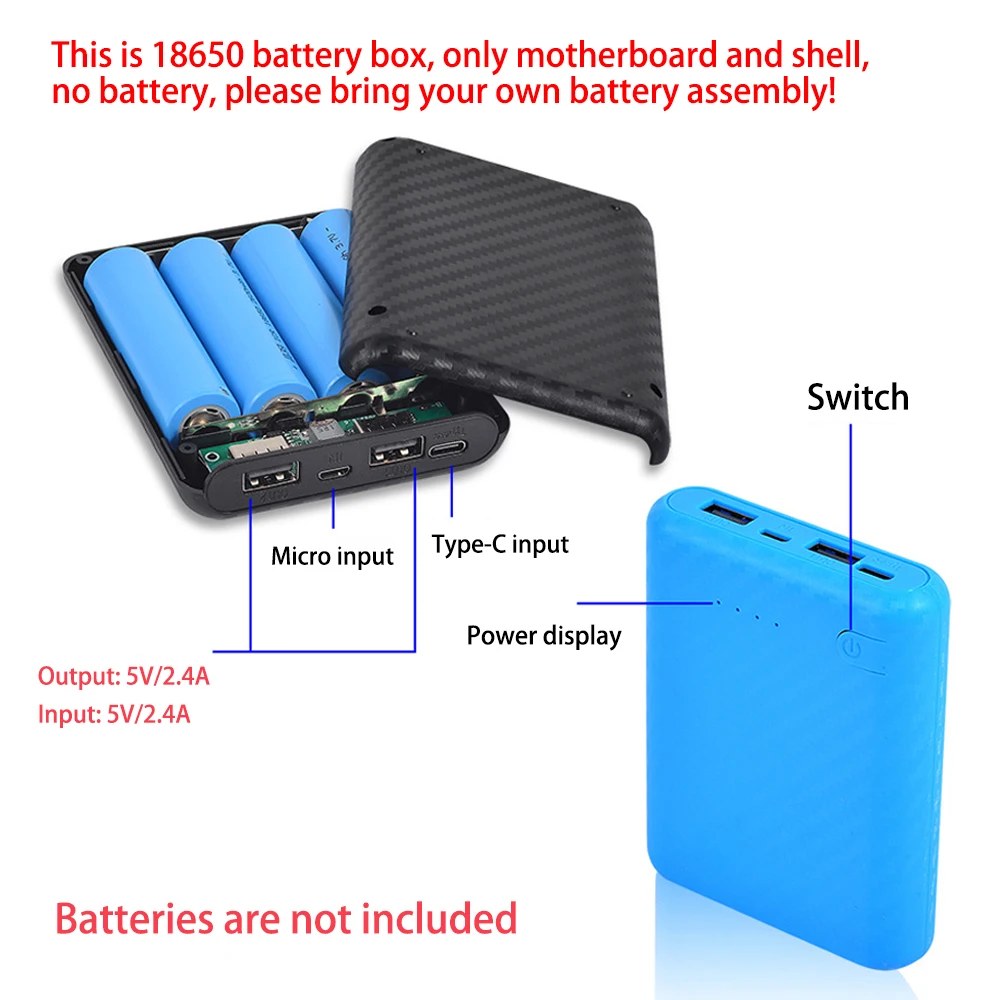 DIY Box 4x18650 Battery Outer Case Shells with Multiple Color Choices Battery Not Included 5V/2.4A USB Output