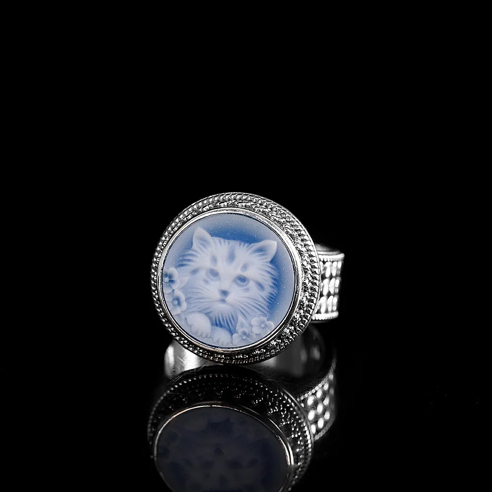 

Antique Cameo Cat Rings for Women Huge Glossy Silver Round Kitty Finger Ring Vintage 925 Sterling Silver Exotic Jewelry Flowers