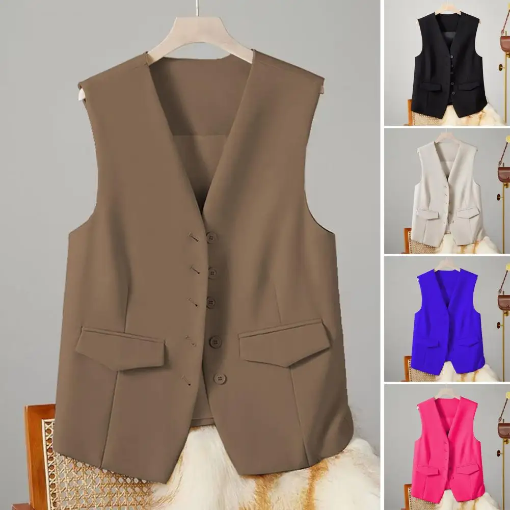 Spring Summer Vest Stylish Women's Vest Blazer with Pockets for Office Work Streetwear Chic V Neck Business Top Vintage Jacket