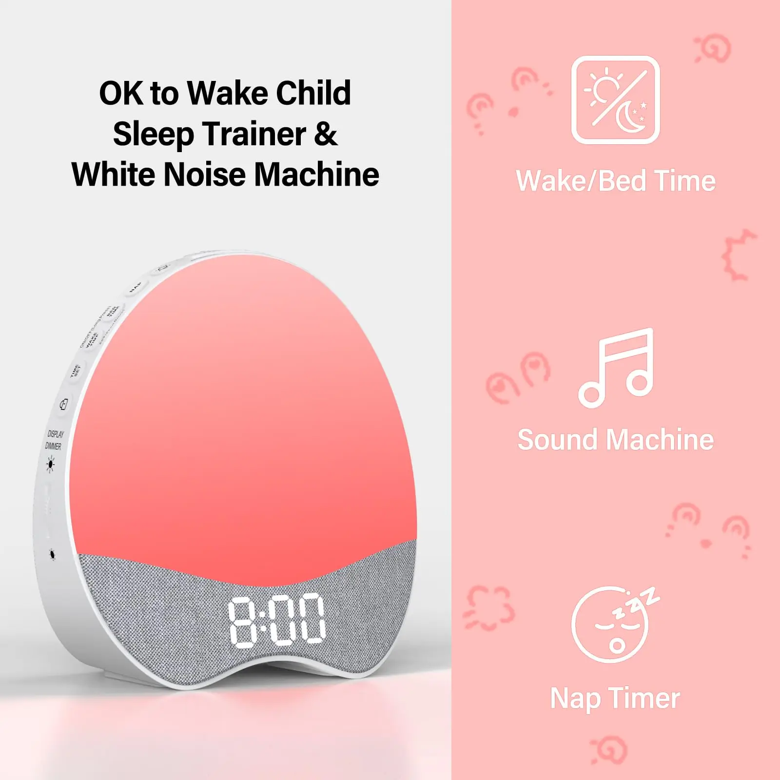 REACHER OK to Wake Alarm Clock for Kids Children's Sleep Trainer Bedside Dream White Noise Machine Adjustable Night Light Timer