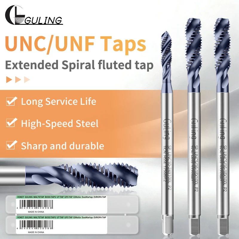 GULING 1PCS HSSE-M35 JIS Standard TICN Coated Spiral Fluted Tap UNF0-80~UNC1/4-28X100L Machine Screw Thread Taps