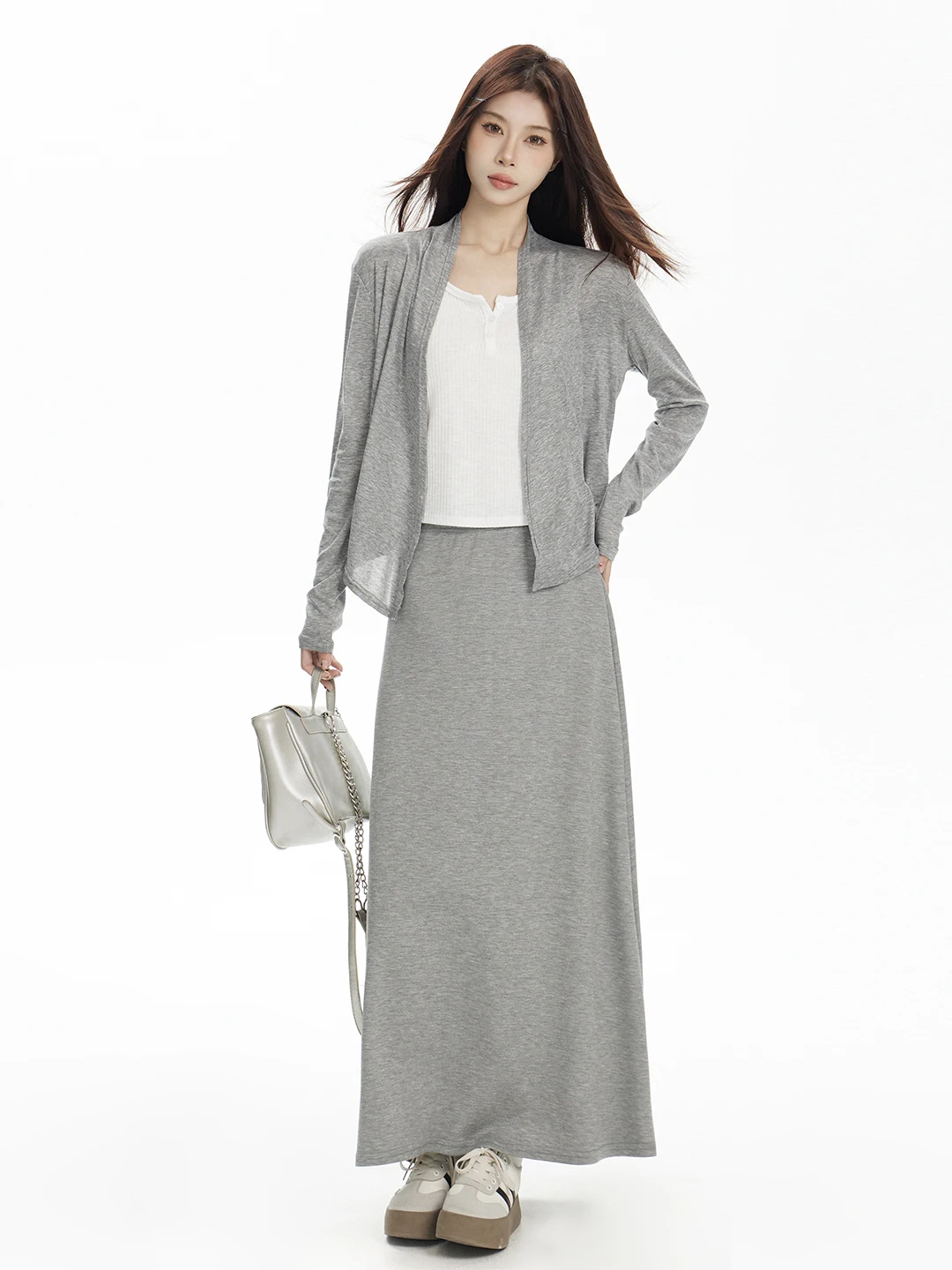 

Gray Lazy Knitted Cardigan Jacket Women's 2026 Small Size Early Spring Korean Style Casual Set A-Line Long Skirt
