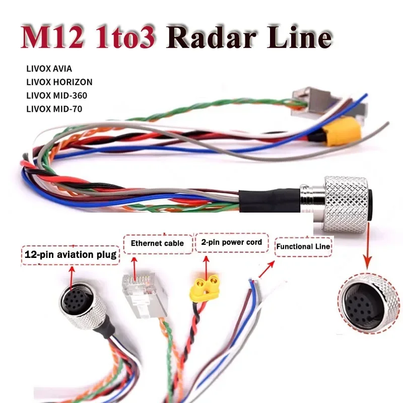 M12 to XT30 Mid360 Radar Wire Aviation Plug Radar Cable for Livox HORIZON/Avai 1 to 3 Connection Line Data Cord Avai Power Wires