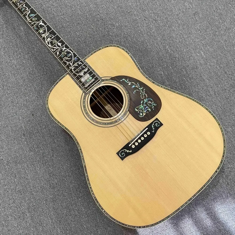 Natural 6 String Acoustic Guitar Solid Spruce Body Dreadnought Gloss Finish Ornate Shell Inlay Professional Performance