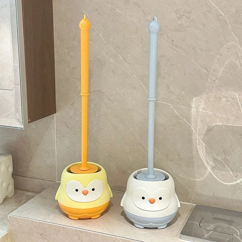 فرشاة تواليت بلاستيكية على شكل بطريق لطيف مع مقبض طويل وقاعدة واقفة لفرشاة تنظيف المرحاض في الحمام