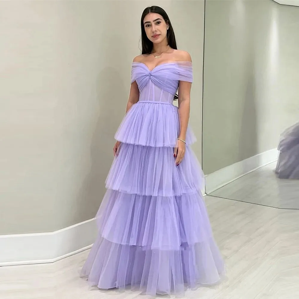 

Flora Dress Elegant Lavender Tulle A-Line Sweetheart Prom Dresses Off the Shoulder Tiered Layered Party Gown Evening Gown