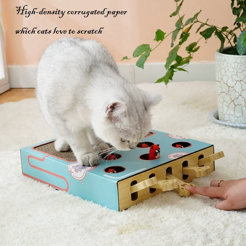 Boîte de jeu interactive 3-en-1 pour chaton d'intérieur : Jouet Whack-A-Mole, bâton de chatouillage amusant, poursuite de la souris, griffoir, puzzle, accessoires de jeu pour animaux de compagnie