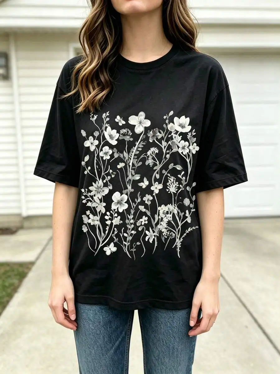 Women Trendy Wildflower Print Oversized Short Sleeve T Shirt Summer Streetwear Everyday Wear Casual Top