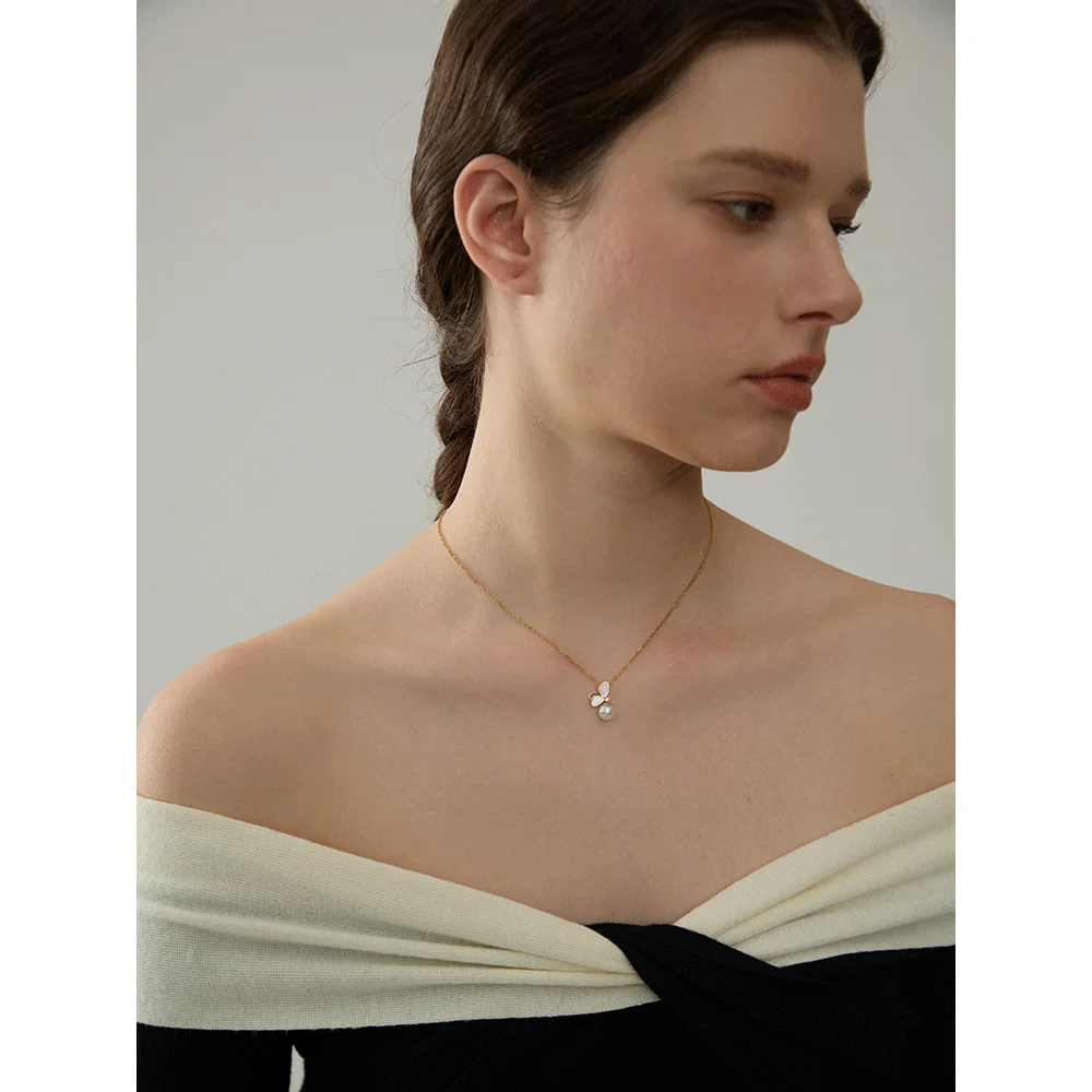 Yhpup Exquisite Shell Butterfly Imitation Pearl Pendant Necklace Stainless Steel Korean Chic Fashion Daily Jewelry Gift