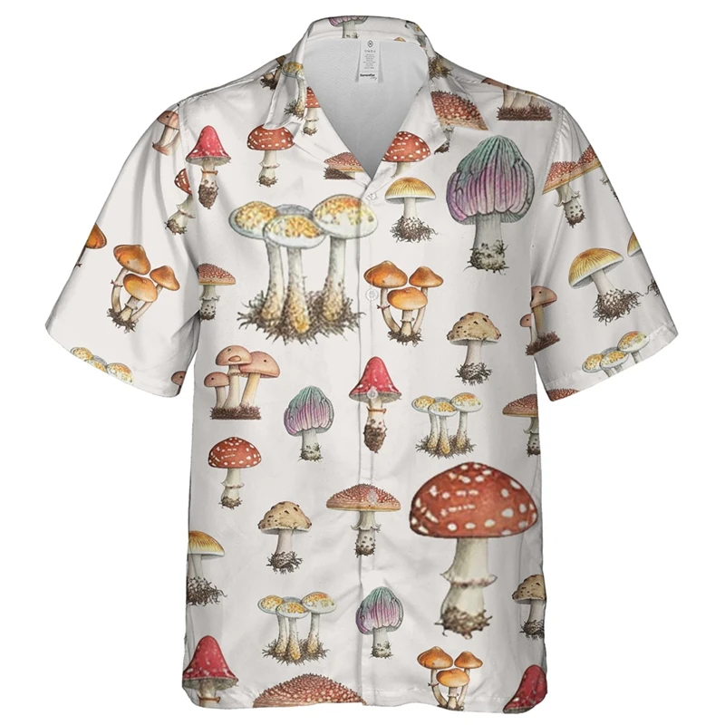 Kleurrijke Paddenstoel 3d Bedrukt Hawaiian Shirt Voor Mannen Zomer Vakantie Planten Strand Shirts Knoop Korte Mouw Straat Aloha Blouses