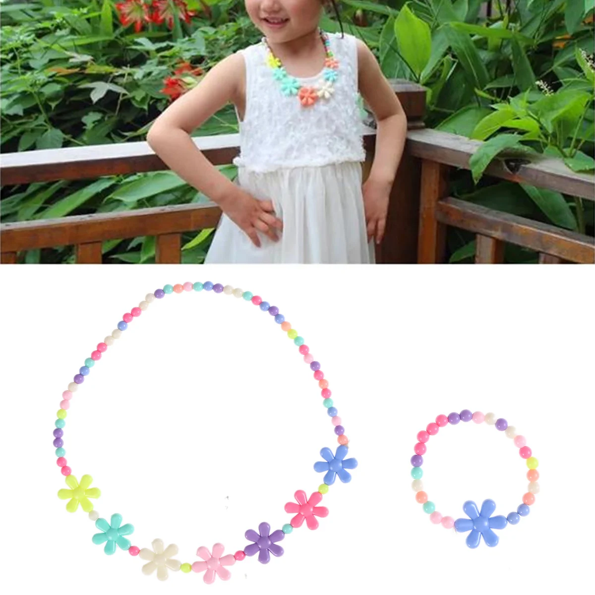 ชุดสร้อยคอและกำไลข้อมือสีลูกกวาดสำหรับเด็กผู้หญิง ลายดอกไม้ เครื่องประดับเรืองแสง ของชำร่วยงานปาร์ตี้ ของขวัญสำหรับเด็ก งานวันเกิด งานแต่งงาน