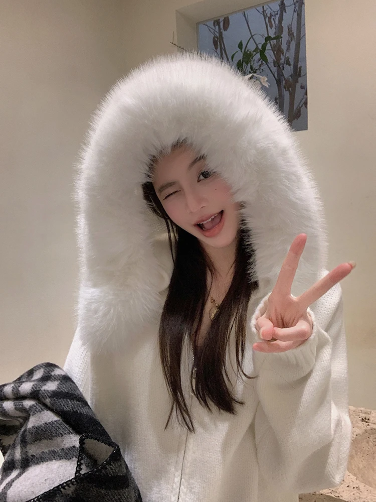 

Женское вязаное пальто Chen DaYu с капюшоном, меховым воротником, свободного кроя, на молнии, осенне-зимнее, теплое, утолщенное