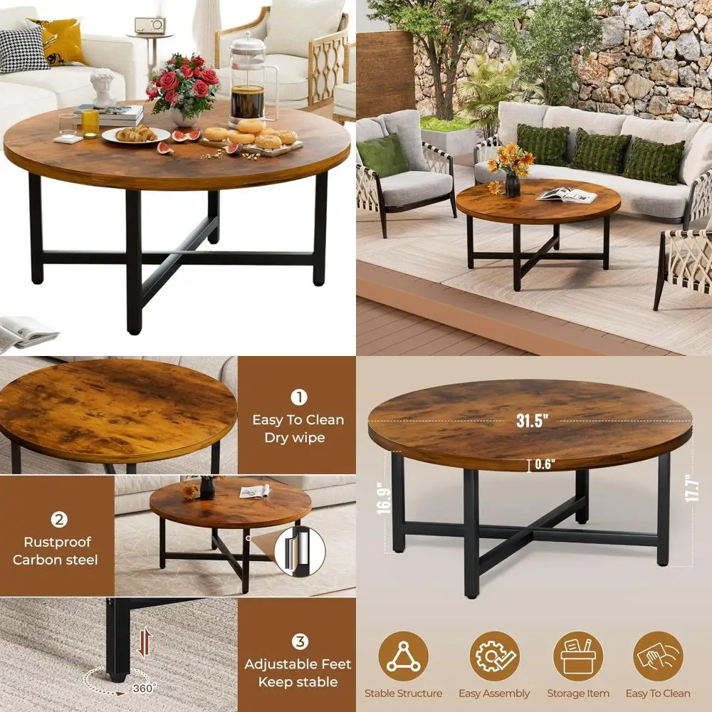 

31.5 Round Brown Coffee Table with Metal Frame for Living Room and Office