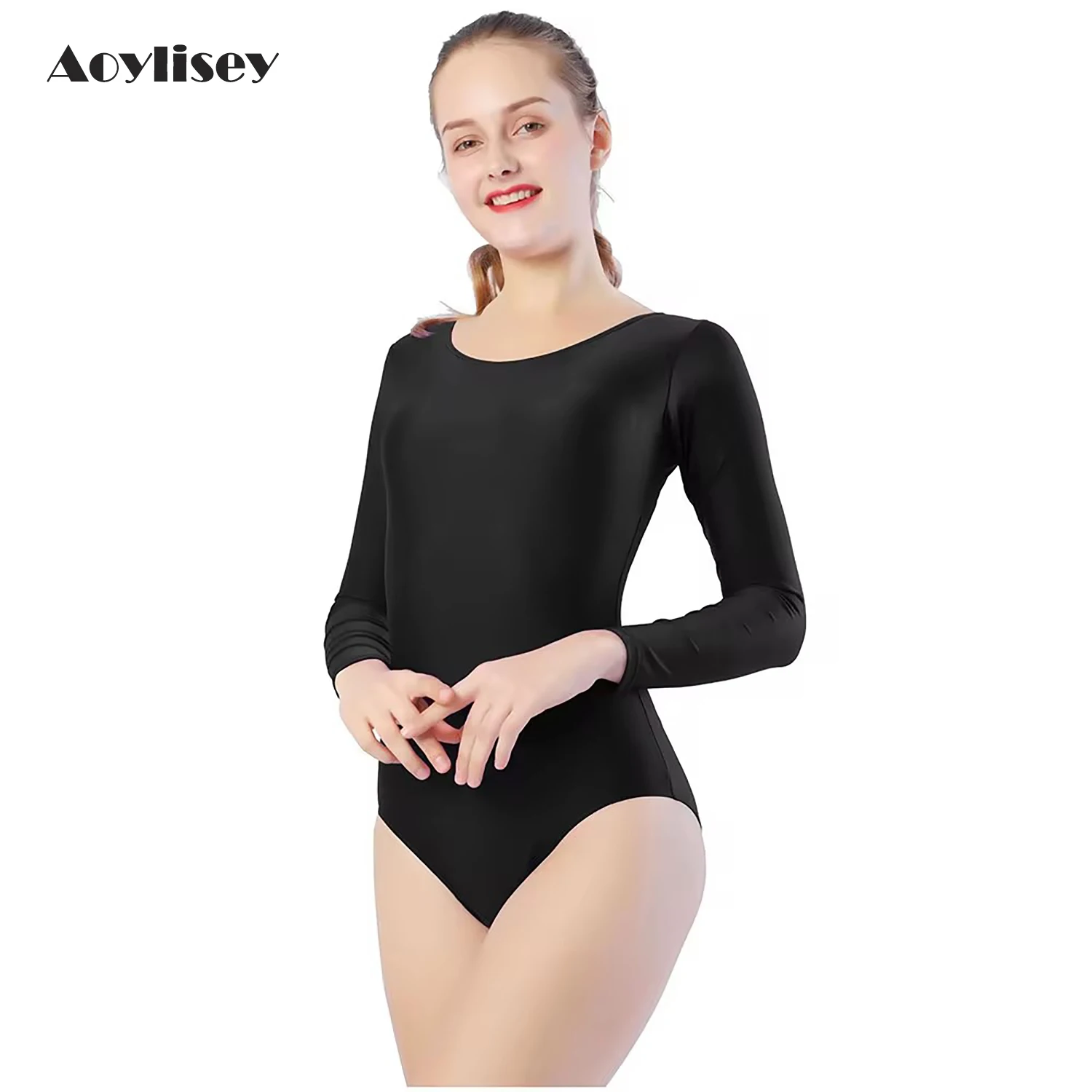 AOYLISEY Women's Ballet Skinny Bodysuits Long Sleeve Bodycon Soop Neck Dance Leotards Gymnastics Rompers Spring Ladies Costumes