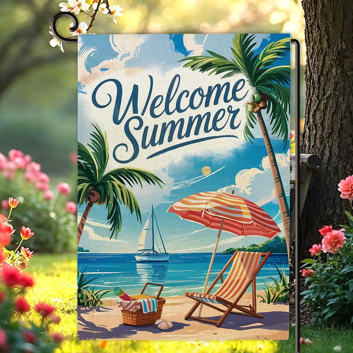 Welcome Summer Garden Flag Double Sided Beach Coconut Summer Burlap House Flag Outdoor Seasonal Decorations for Yard Porch P yyi