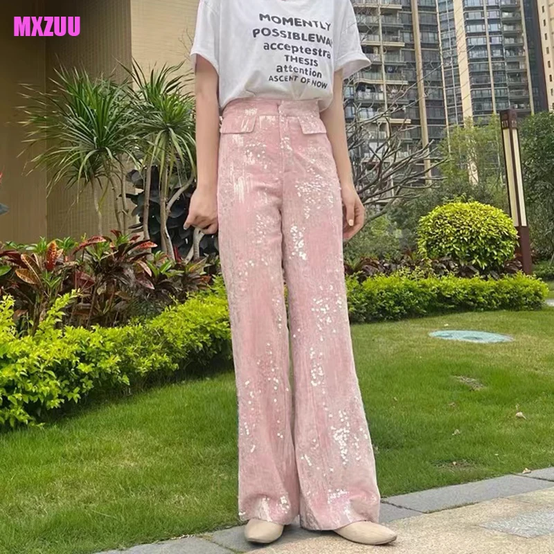 Pink Velvet Sequined Straight Trousers Womens Super Slim Casual Fashion Wide-Leg Pants Floor Length Spring Autumn Calca Feminina