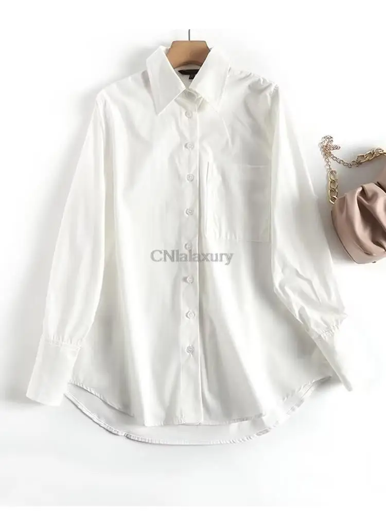 CNlalaxury 2023 Women Vintage Solid Cotton Shirt Blouse Long Sleeve Female Casual Loose Shirts Pocket  Blusas Femininas