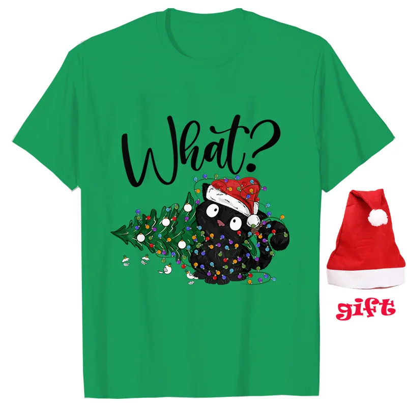 Camiseta engraçada do Natal das mulheres, Gato bonito que árvore de Natal tops, Camisetas de manga curta festa, Roupas femininas com chapéus