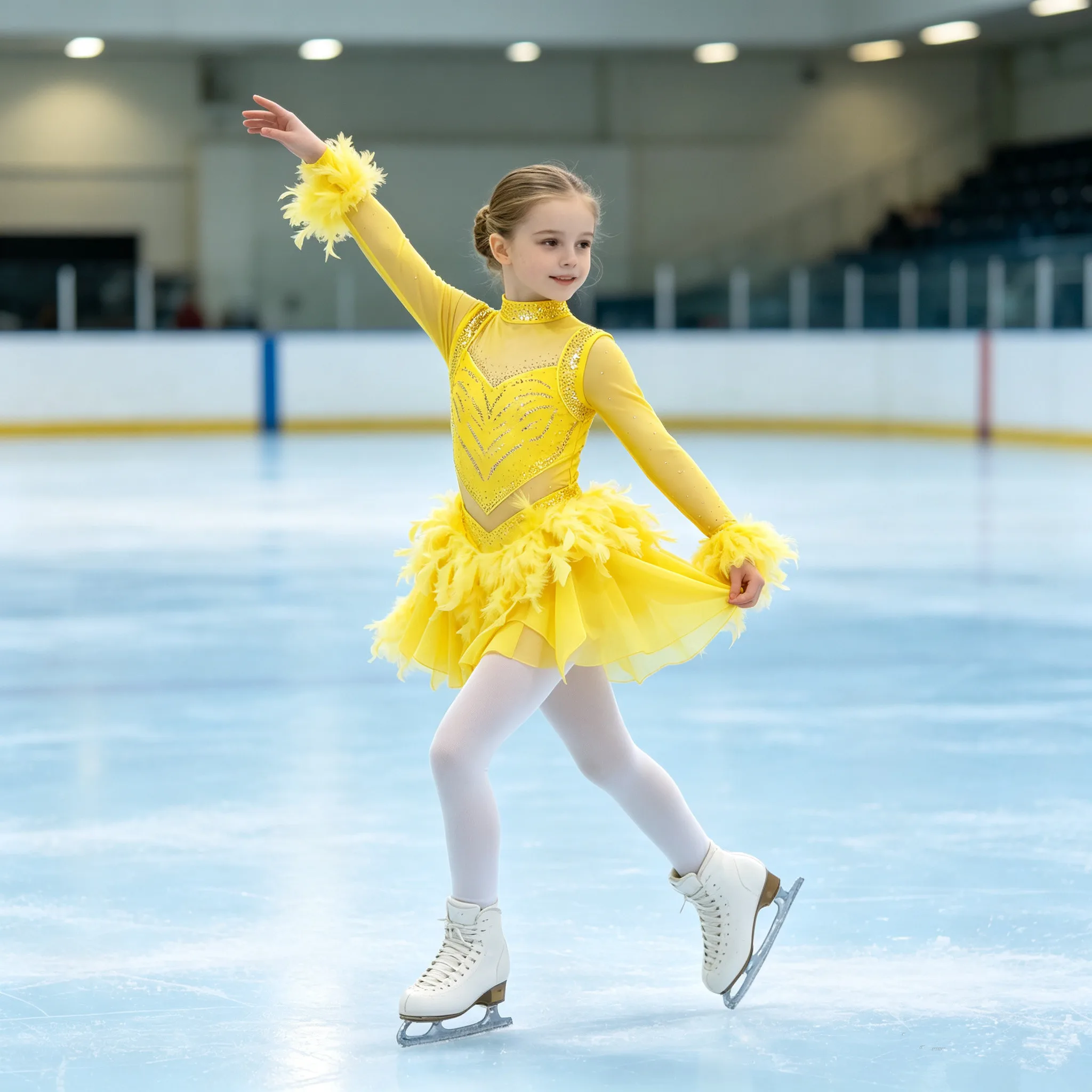 女の子用光沢のあるラインストーンメッシュフェザー付きフィギュアスケートバレエダンス体操アクロバットチュチュレオタードドレス、ステージパフォーマンス用