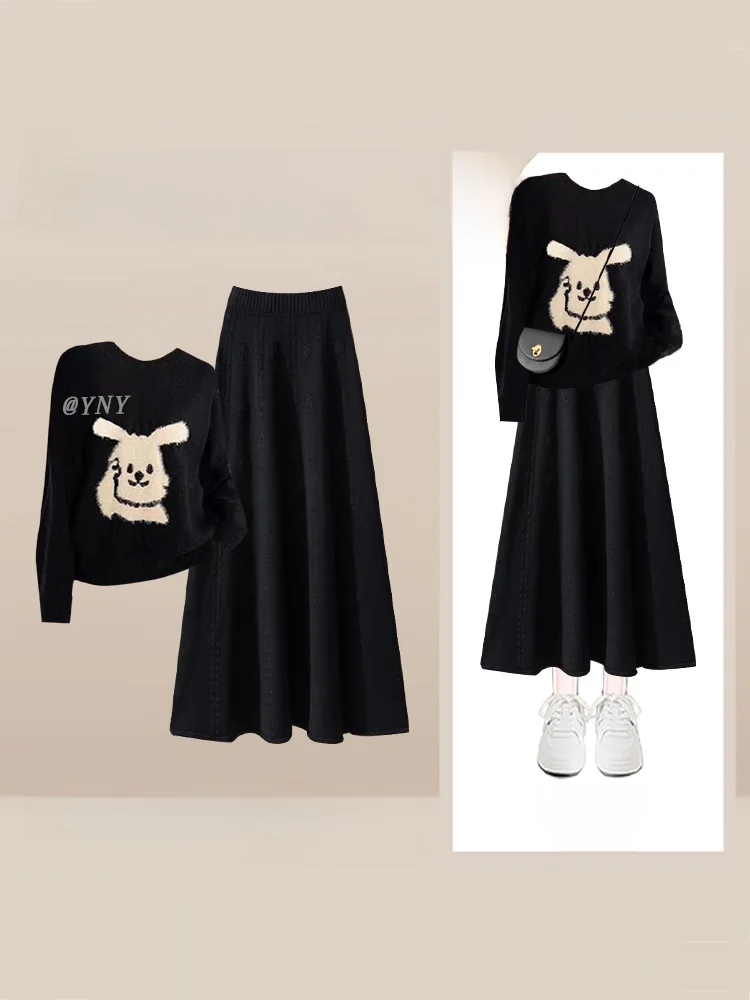가을 겨울 여성 패션 니트 스웨터와 스커트 세트 토끼 프린트 롱 스웨터 라운드 넥 미디 길이 A라인 스커트