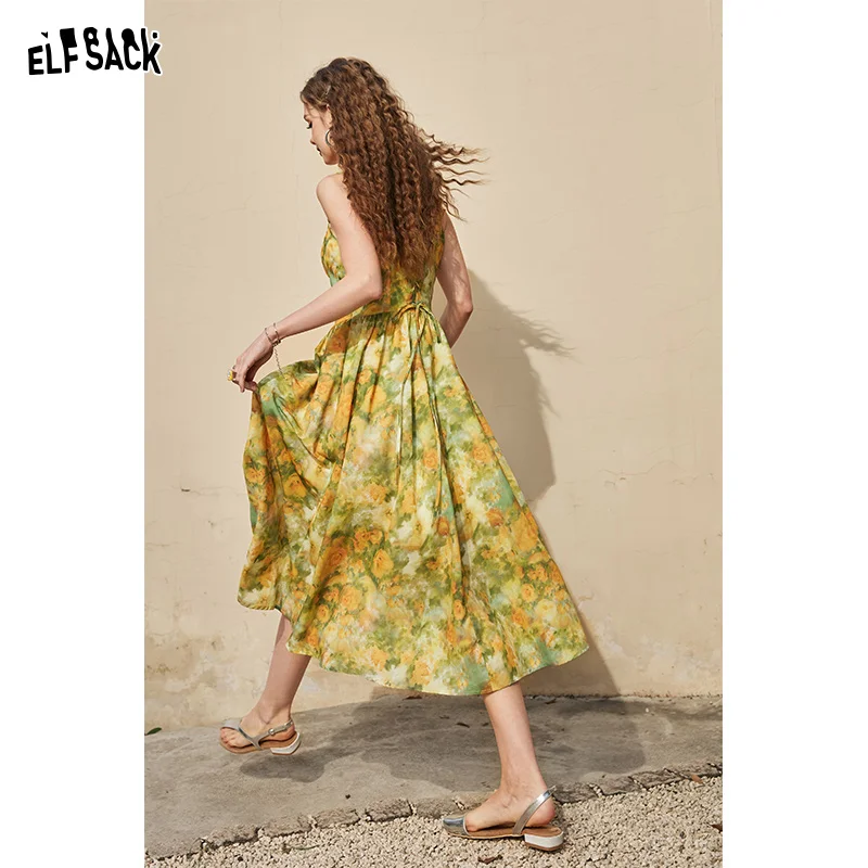 ELFSACK French retro oil painting printed camisole dress with waistband, light and sexy summer vacation dress