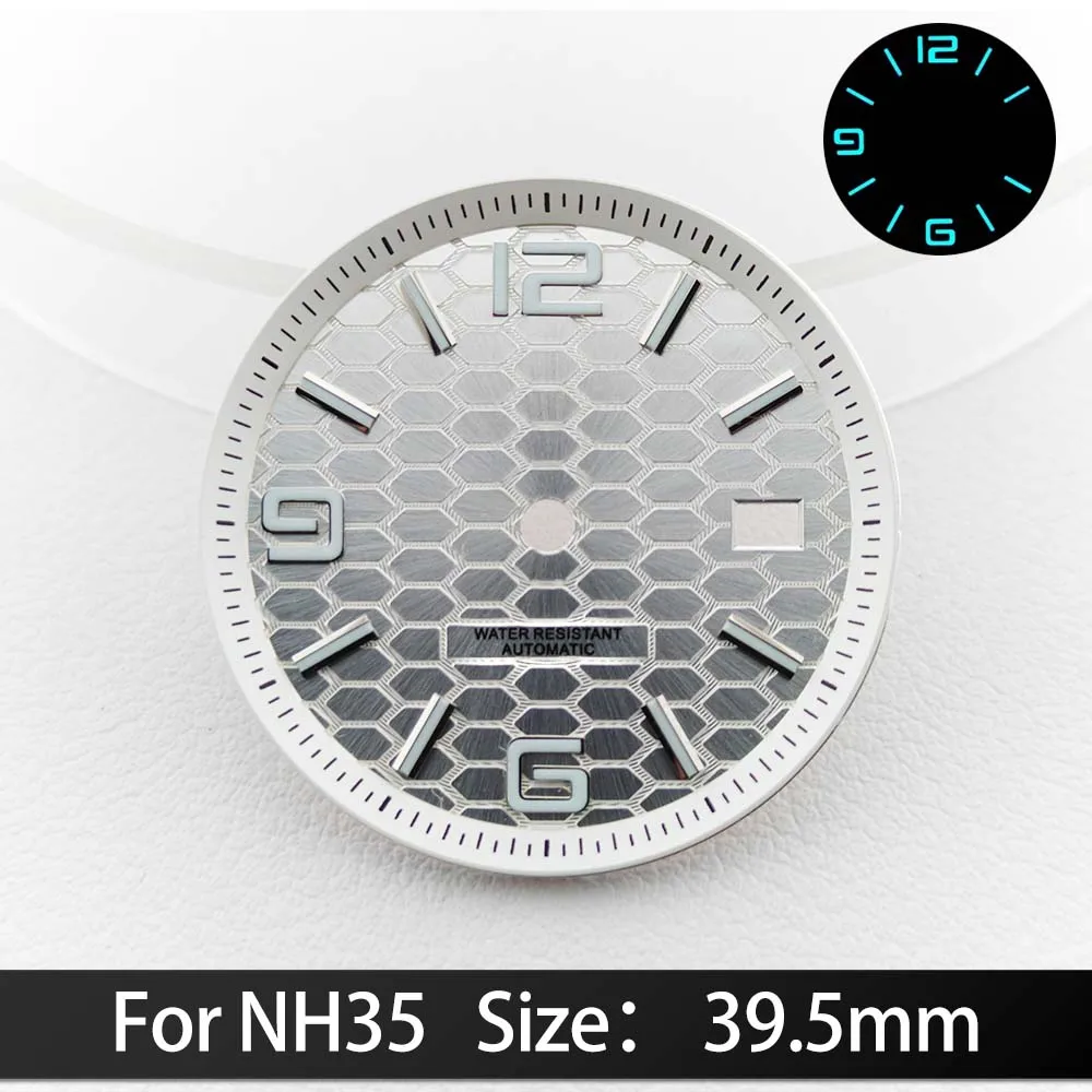 For NH35/NH36 Dials 39.5mm Blue Green luminous Calendar Window Concave Dial NH35 Automatic Movement Watch Replacement Parts