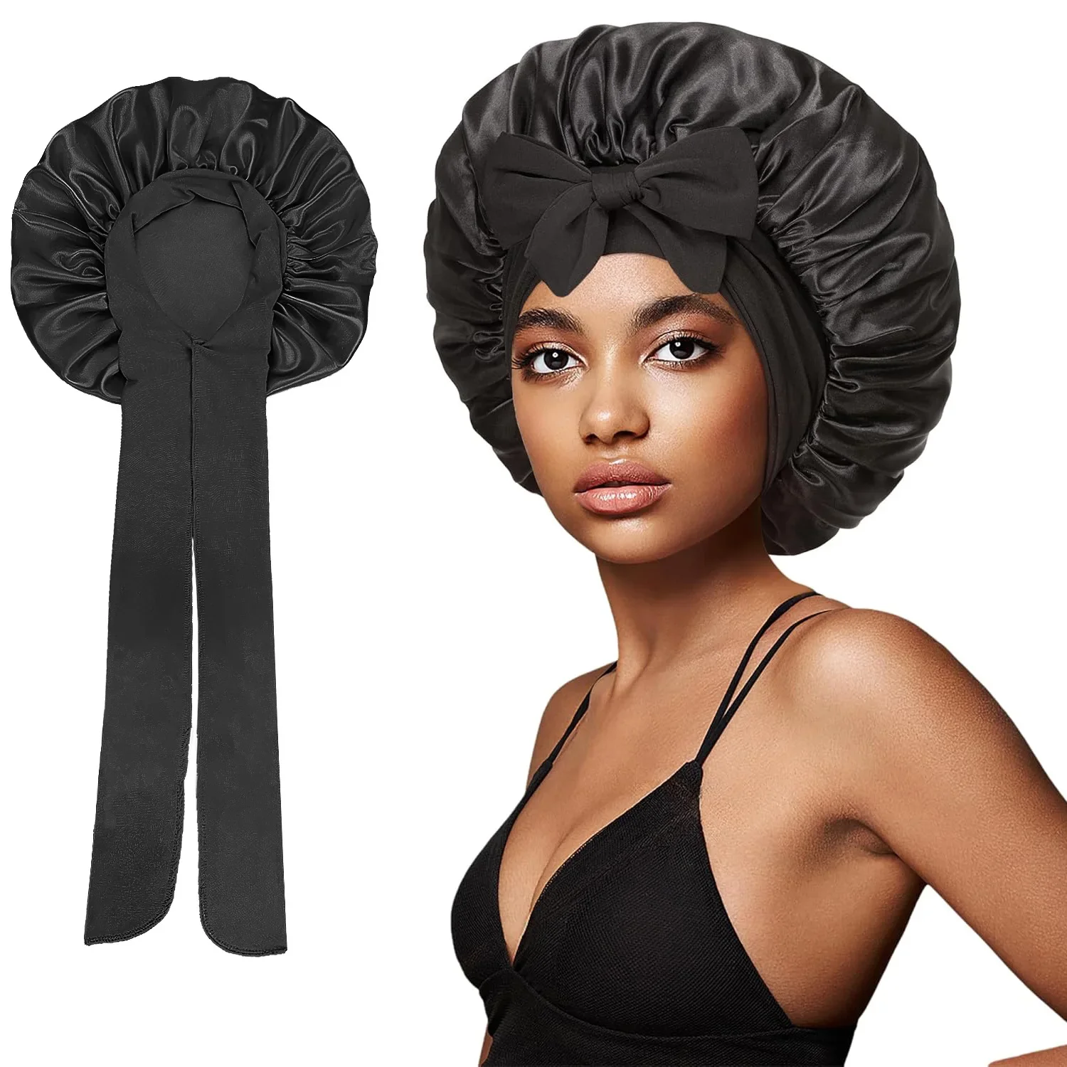 

New Satin Sleeping Cap For Women Solid Wide Band Stretch Head Tie Silky Bonnet Edge Wrap Nightcap Hair Care Shower Head Cover