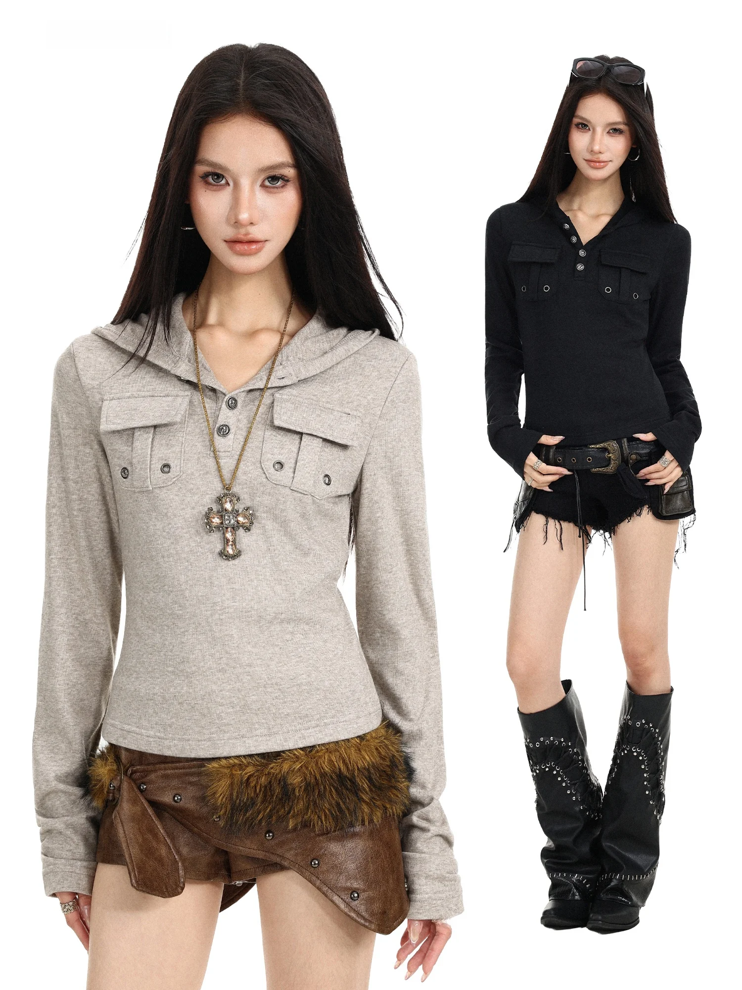 Slim Fit Long Sleeve T-Shirt Women Early Autumn Millennium Spicy Girl Henry Button Slim Short Top Korean Style Breathable Ski...