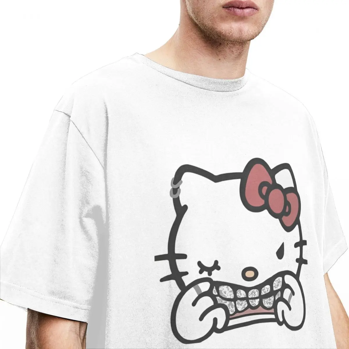 ผู้ชาย Sanrio Cat Hello Kitty T เสื้อผ้าฝ้าย Tees ฤดูร้อนความงามแขนสั้นเสื้อยืด O-คอ Harajuku หลวม TEE เสื้อ PLUS ขนาด