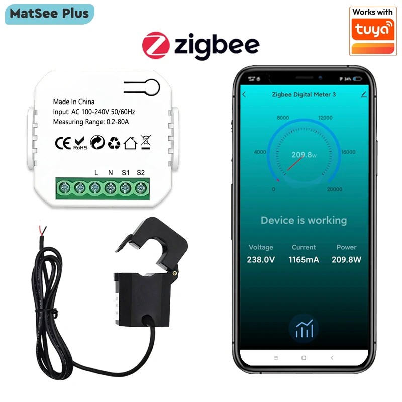 Compteur d'énergie intelligent ZigBee 80A avec pince ampèremétrique, moniteur de puissance KWh, statistiques électriques, 110V 240V 50/60Hz, compatible Tuya