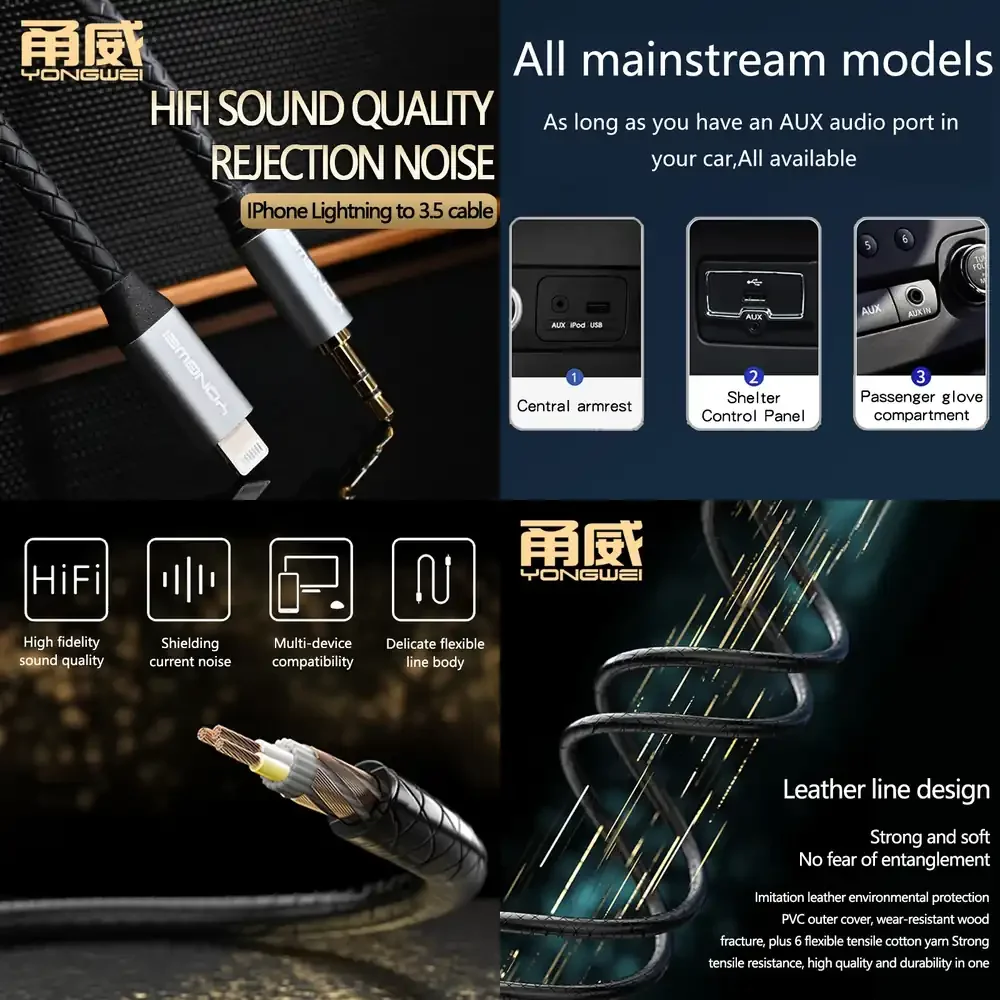 YONGWEI MFi Certified Lightning to 3.5mm Aux Cable for iPhone 11 Pro Max X 8 7 6s 6 5s 5 – High Fidelity Stereo Audio Cable –