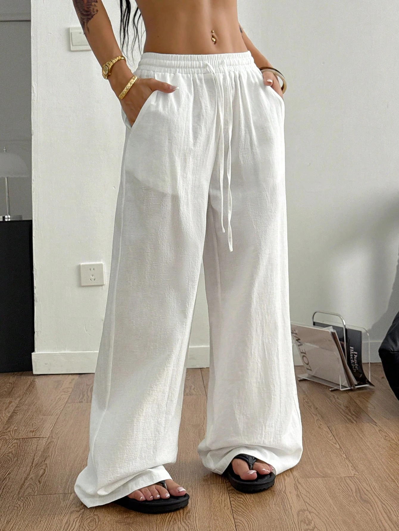 Effen damesbroek met wijde pijpen, casual comfortabele broek voor dagelijks gebruik, damesbroek