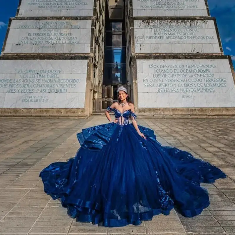

Customized dark blue Quinceanera Dress flower applique flower Tull Ball Gown Big Bow V-neck Off Shoulder vestidos de 15 quinceañ