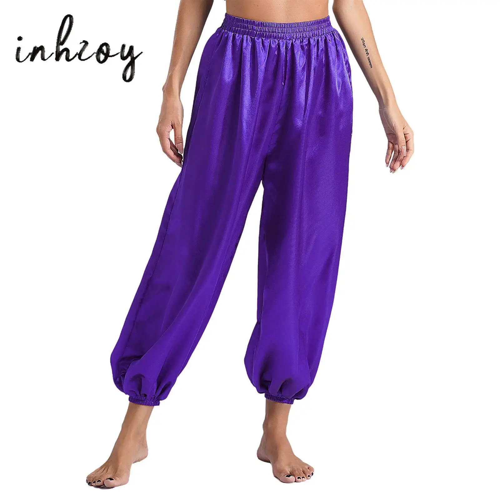 

Belly Dance Tribal Harem Pants for Womens Satin Loose Solid Color Bloomers Trousers Halloween Fancy Theme Party Dance Costumes