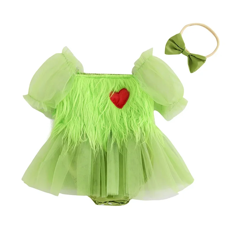 Baby Girl Christmas Romper Dress Green Monster Fuzzy Short Puff Sleeve Tulle Jumpsuit with Bow Headband