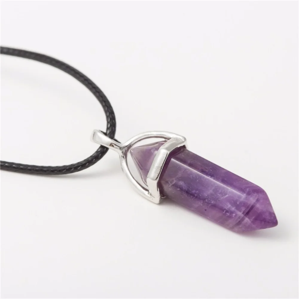 New Hexagonal Column Natural Stone Choker Necklaces Vintage Pink Purple Crystal Pendent Necklace for Women Leather Chain Jewelry