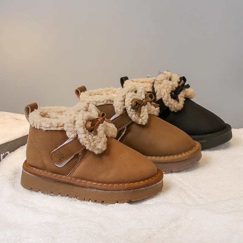

Детские зимние сапоги, зимние плюшевые хлопковые туфли на плотной платформе для девочек, удобная модная теплая плюшевая обувь с теплым бантом для девочек