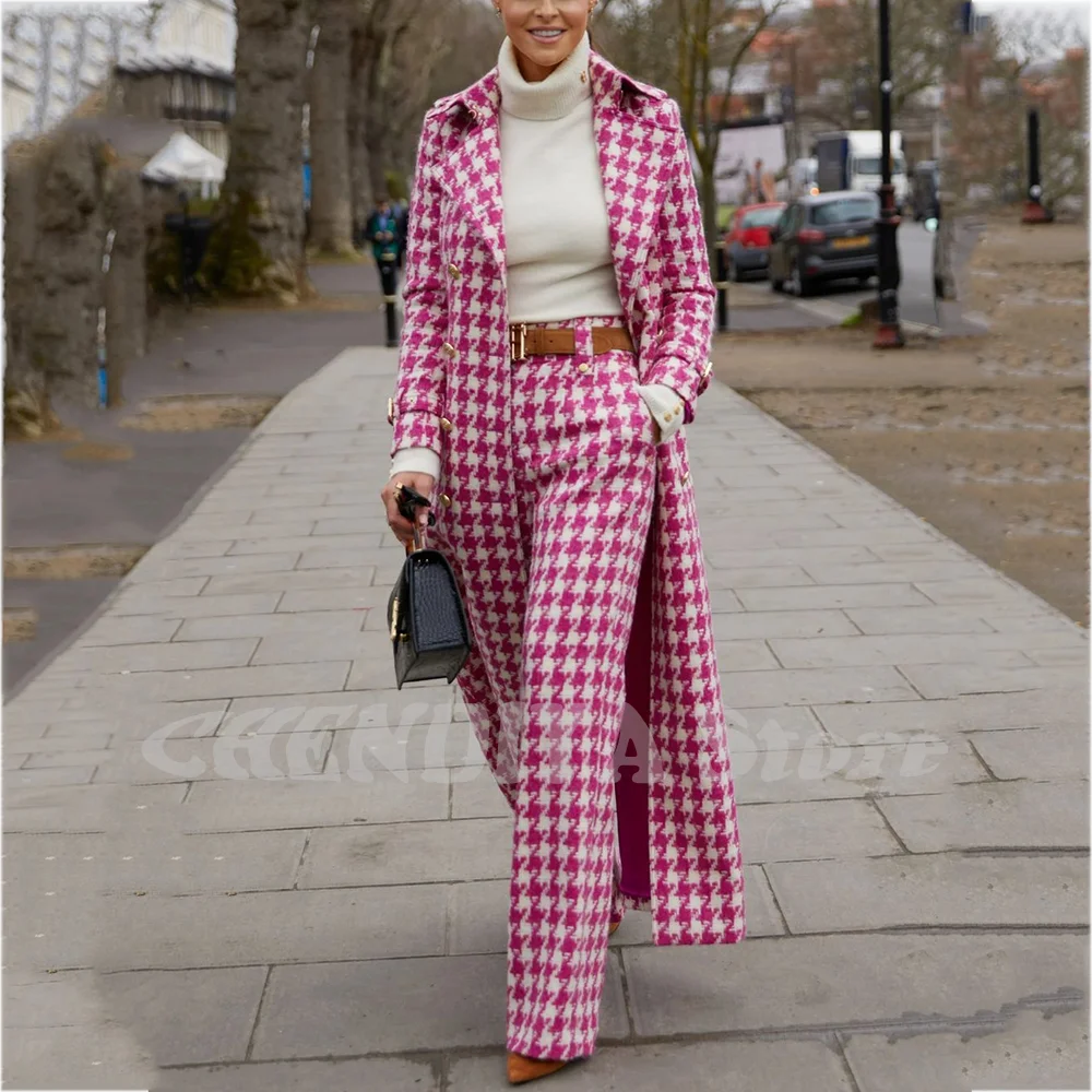 Luksusowy damski garnitur w pepitkę, klasyczny, dopasowany, z klapami w szpic, dwurzędowy, nowoczesny, szyty na miarę, modny zestaw: marynarka i spodnie.