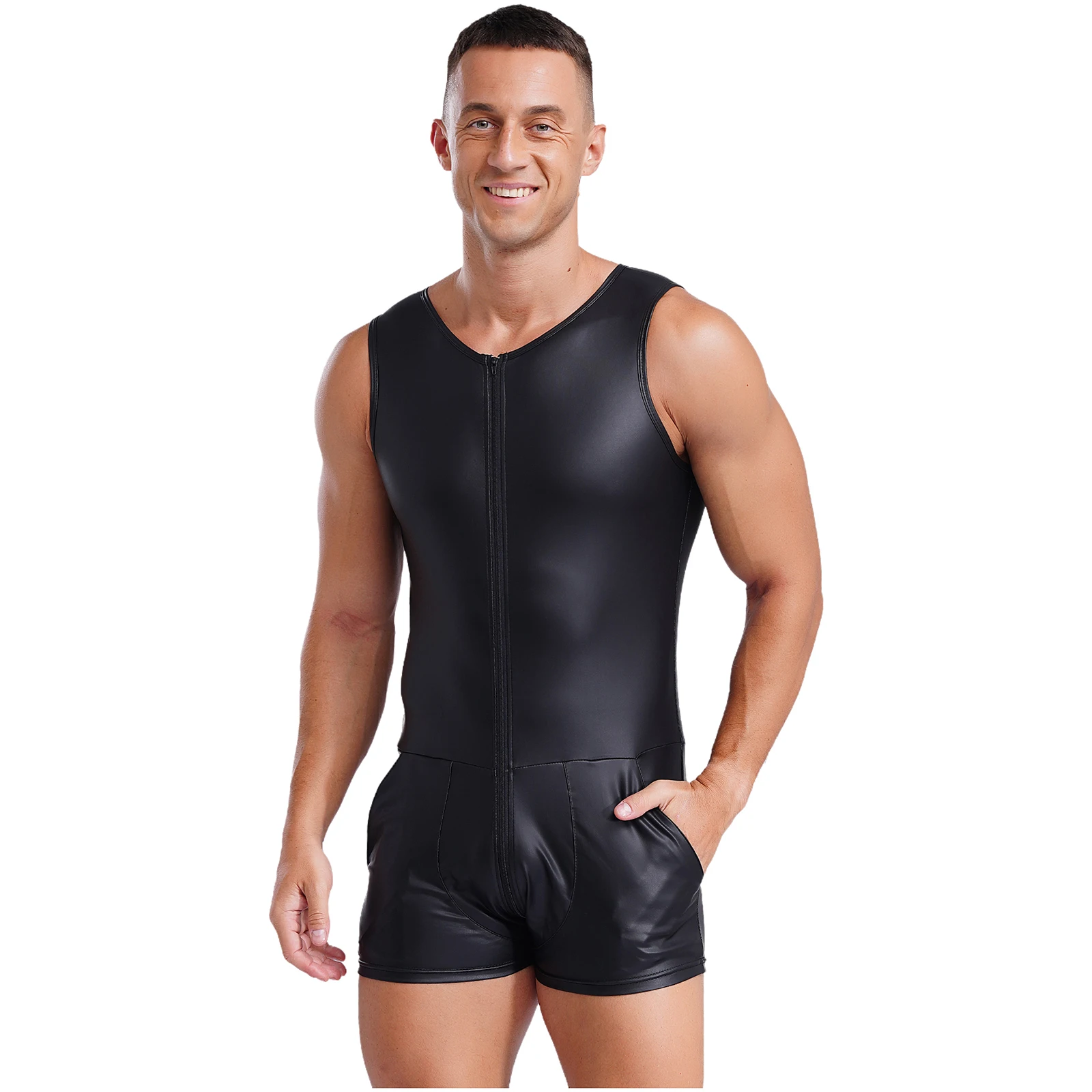 

Mens Sexy Leather Rompers Bodysuit Round Neck Zipper Leotard Jumpsuit Tempting Clubwear Nightwear Muscle Man Fancy Theme Party