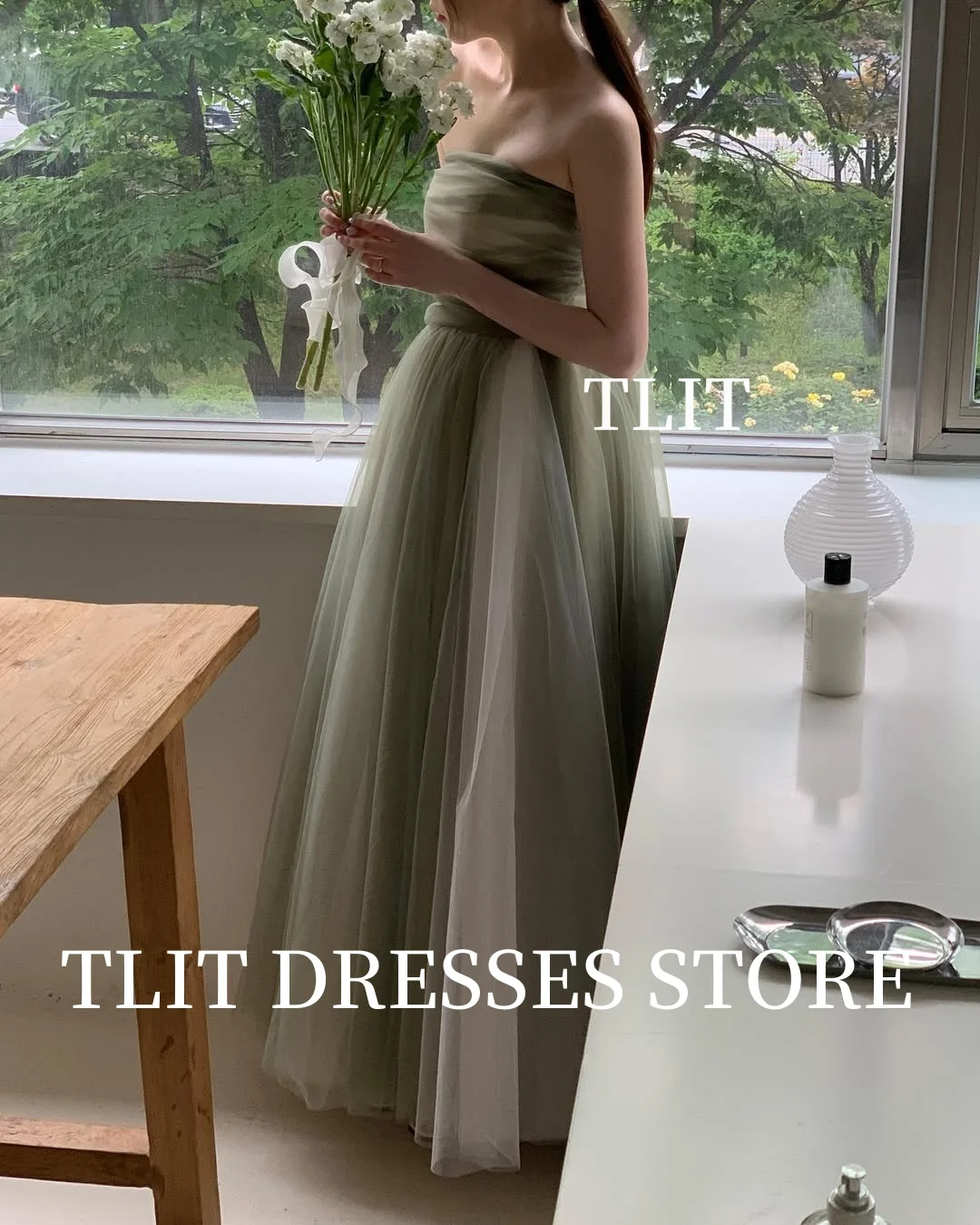 

TLIT Elegant Dark Green Soft Tulle Evening Dresses Strapless Prom Gowns Korea Wedding Dress Photo Shoot Customized Long Scarf
