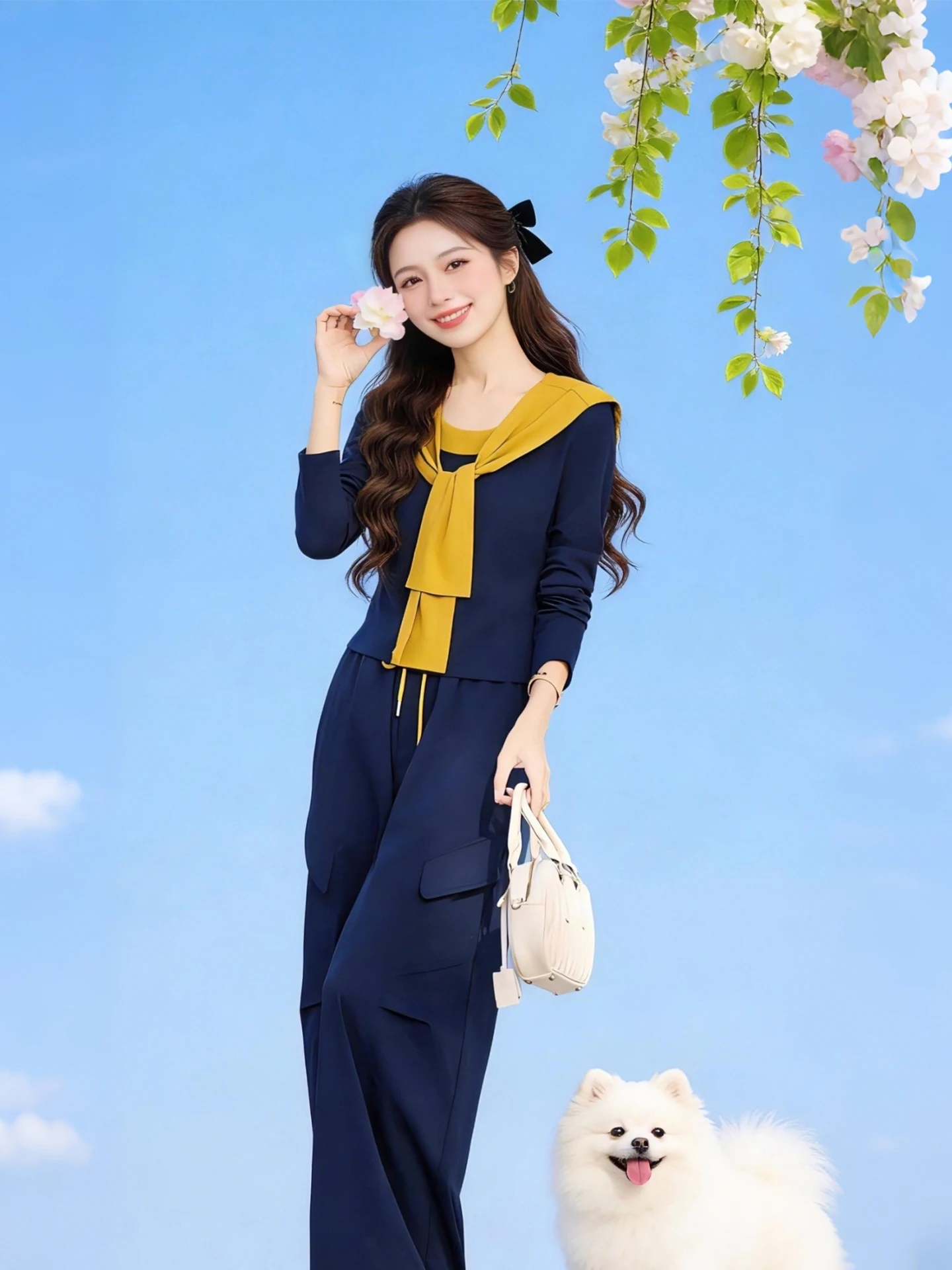 

Весенний женский комплект 2026: уникальный повседневный топ с длинным рукавом и брюки с высокой талией, красивая шаль, модный стиль для поездок на работу