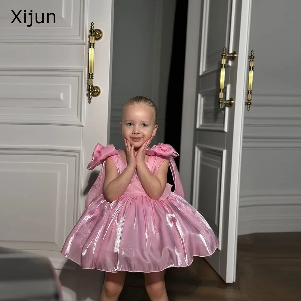 

Розовые платья для девочек Xijun Princess с бантом, платья А-силуэта для дня рождения, милые детские платья длиной до колена, индивидуальный пошив