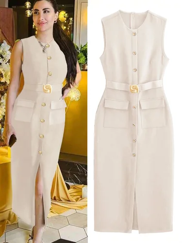 Imagen 2 del producto Vestido de ceniza sin mangas con botones y cinturón, Color sólido, abertura frontal, elegante para vestidos de fiesta de oficina, ceniza de lujo 2025