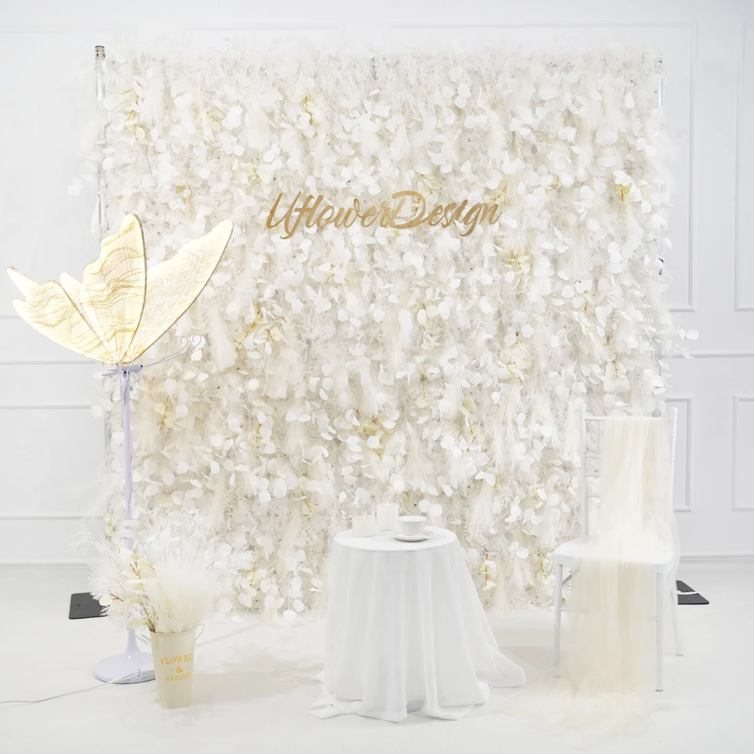 

Uflower 5D White Feather Artificial Flower Wall Wedding Backdrop Floral Plant Wall Window Display Event Party Props Flower Row