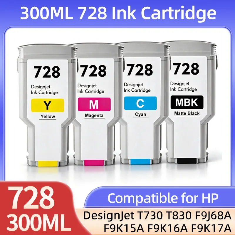 300ML For HP 728 728XL Compatible Ink Cartridge HP DesignJet T730 T830 plotter With Full Ink F9J68A F9J67A F9J66A Vivid Color