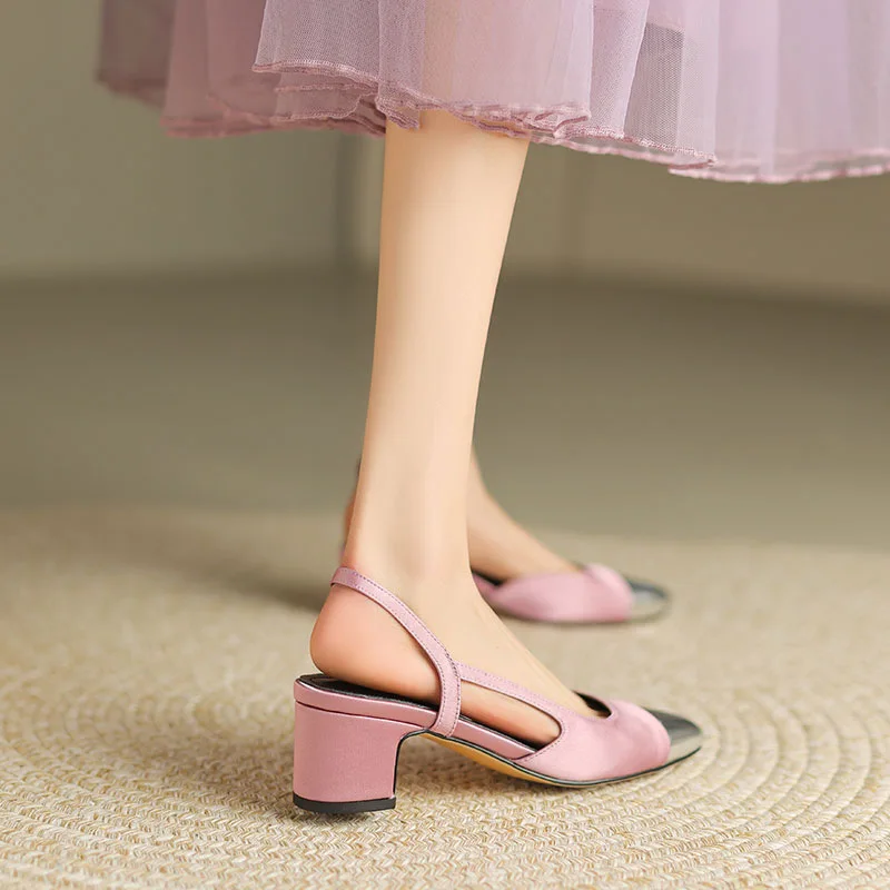 Small Fragrance Colored Baotou Side Air Sandals for Women Round Head Middle Heel  New Summer Style High Heel Shoes for Women