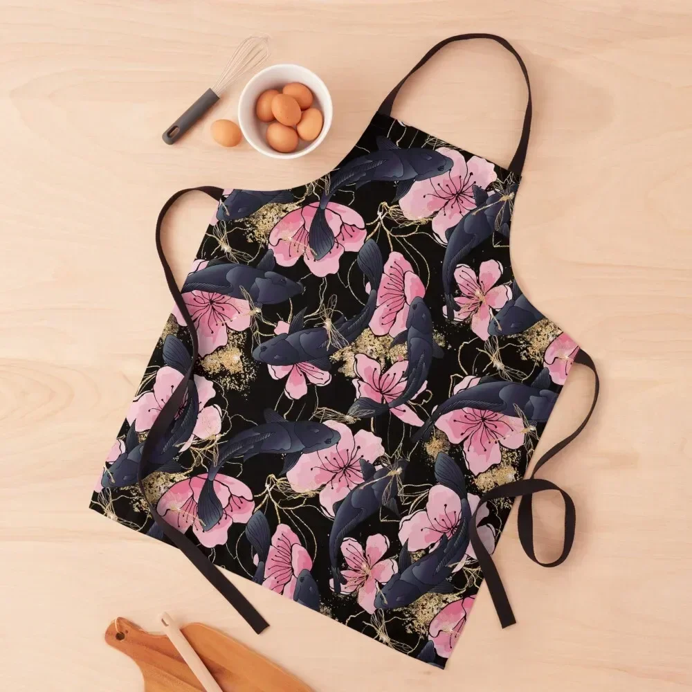 

Blue koi gold flower Apron for women with pocket For Women Kitchen Kitchen Chef kindergarten teacher Apron