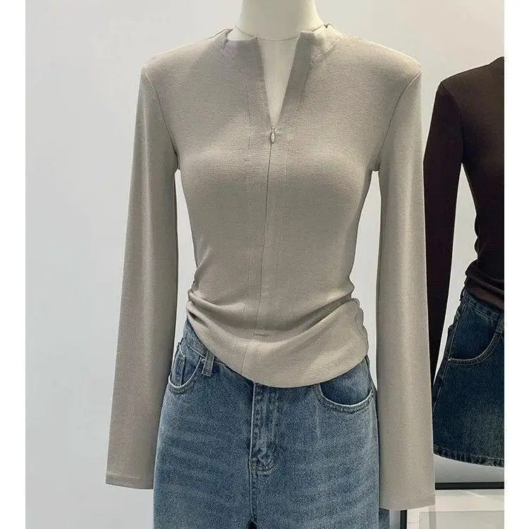 Elegant Slim Fit Women's T-shirt Base Shirt Casual Top New Style Short Length Spring Autumn Small Size Carbon Fiber Fabric
